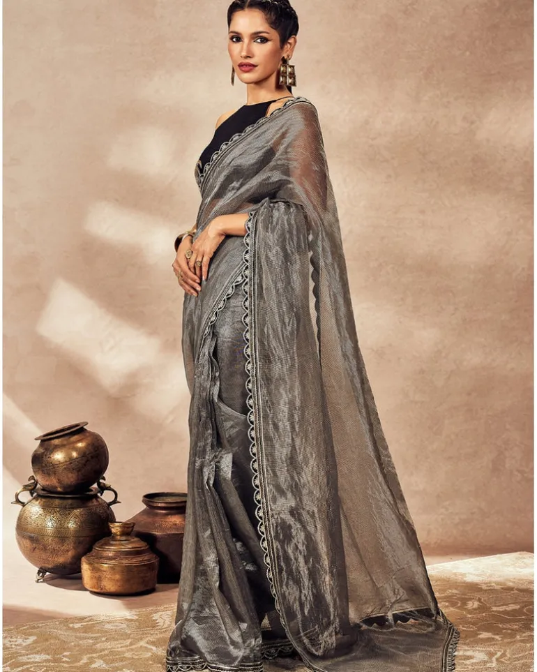 Black Striped Zari Sari Set