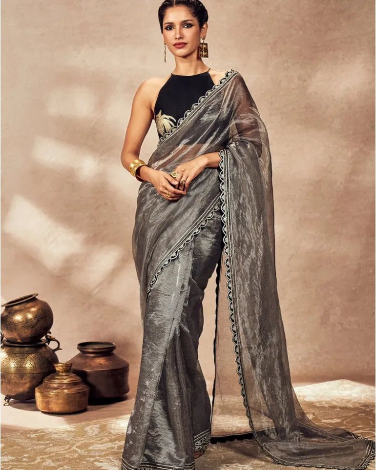 Black Striped Zari Sari Set