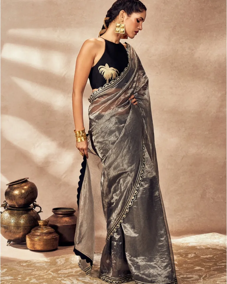 Black Striped Zari Sari Set