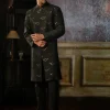 Black Textured With Arrow Embroidered Kurta With Black Pants