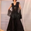 Black Tiered Sharara And Draped Jacket Set