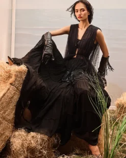 Black Tiered Sharara And Draped Jacket Set