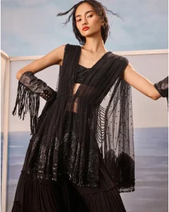 Black Tiered Sharara And Draped Jacket Set