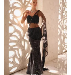 Black to Grey Sequins Pre-Drape Sari Set