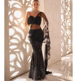 Black to Grey Sequins Pre-Drape Sari Set