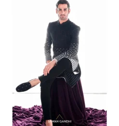 Black To Silver Ombre Sherwani Set