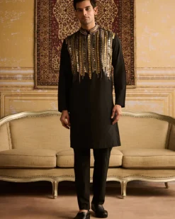 Black Tribal Rustic Embroidered Kurta With Black Pants