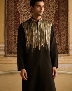 Black Tribal Rustic Embroidered Kurta With Black Pants