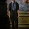 Black With Blue Yoke Embroidered Kurta With Black Pants