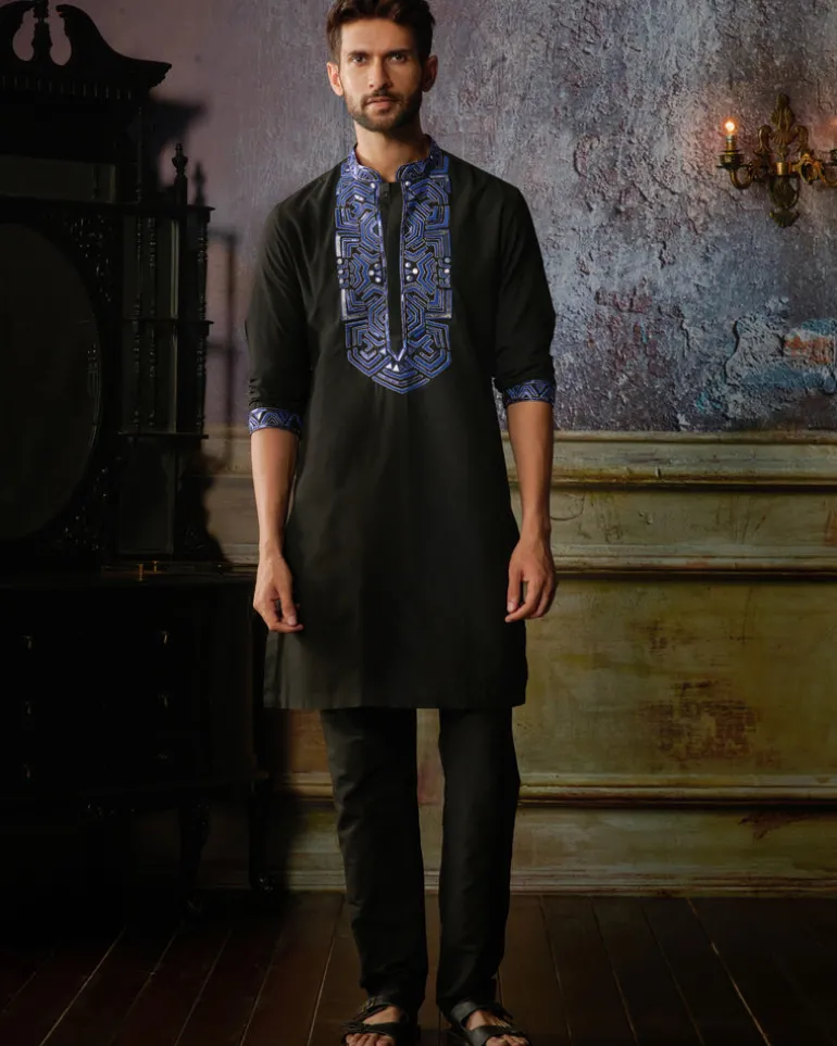 Black With Blue Yoke Embroidered Kurta With Black Pants