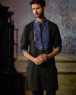 Black With Blue Yoke Embroidered Kurta With Black Pants