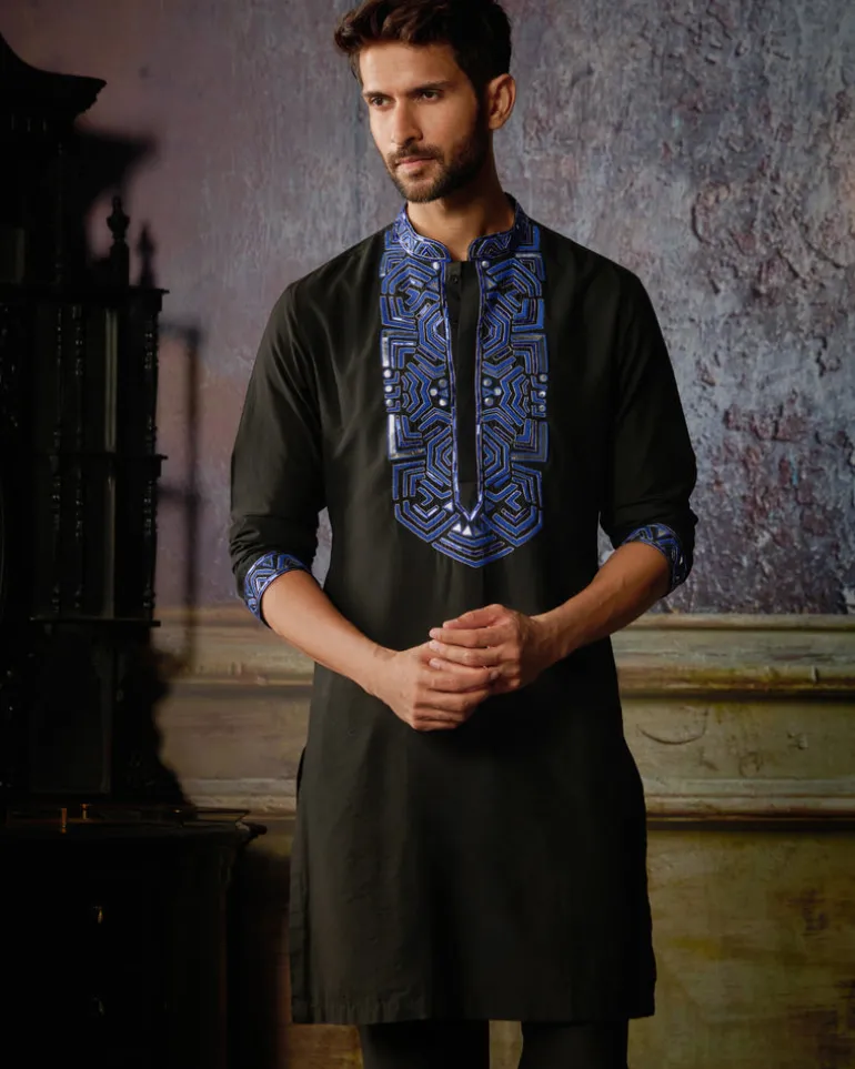 Black With Blue Yoke Embroidered Kurta With Black Pants