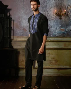 Black With Blue Yoke Embroidered Kurta With Black Pants