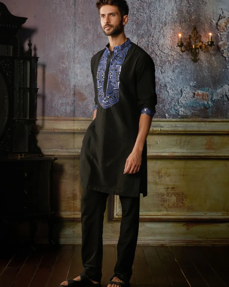 Black With Blue Yoke Embroidered Kurta With Black Pants