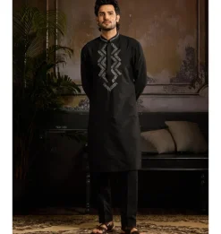 Black With Gunmetal Zig Zag Yoke Embroidered Kurta Paired With Black Pants