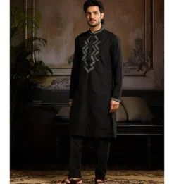 Black With Gunmetal Zig Zag Yoke Embroidered Kurta Paired With Black Pants
