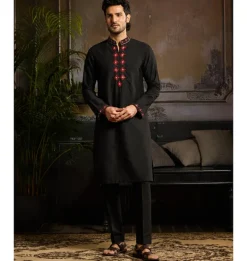 Black With Maroon Butta Embroidery Zip Detailed Kurta Paired With Black Pants