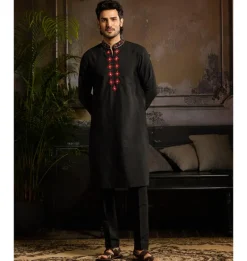 Black With Maroon Butta Embroidery Zip Detailed Kurta Paired With Black Pants