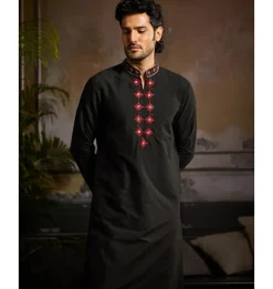 Black With Maroon Butta Embroidery Zip Detailed Kurta Paired With Black Pants