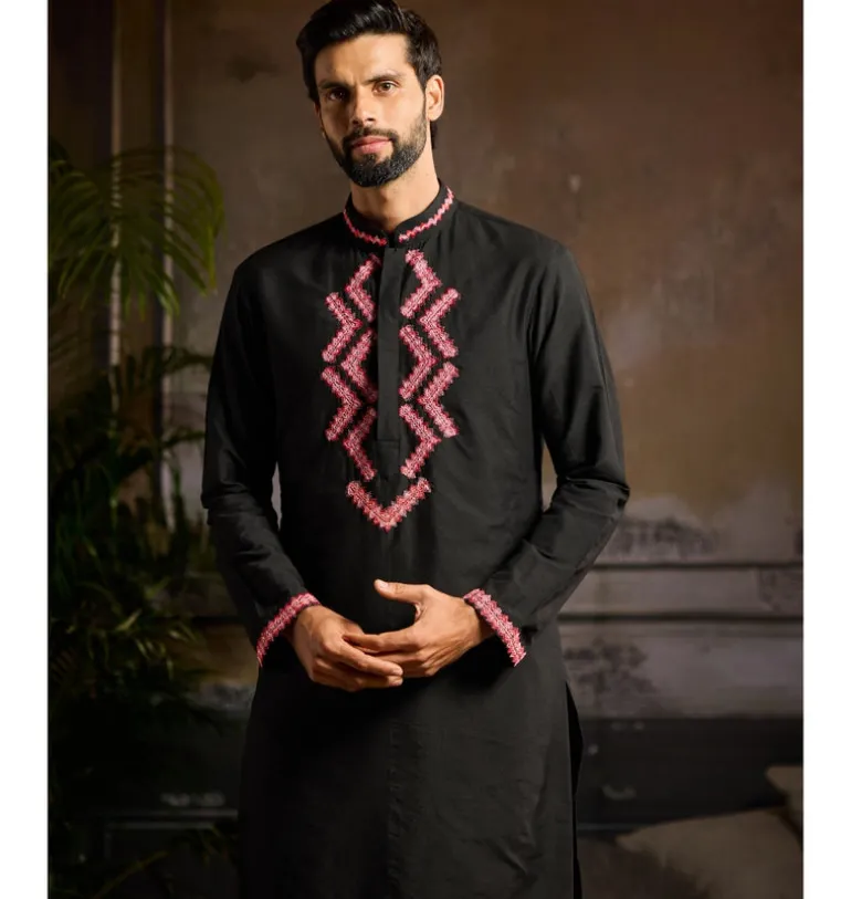 Black With Maroon Zig Zag Yoke Embroidered Kurta Paired With Black Pants