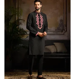 Black With Maroon Zig Zag Yoke Embroidered Kurta Paired With Black Pants