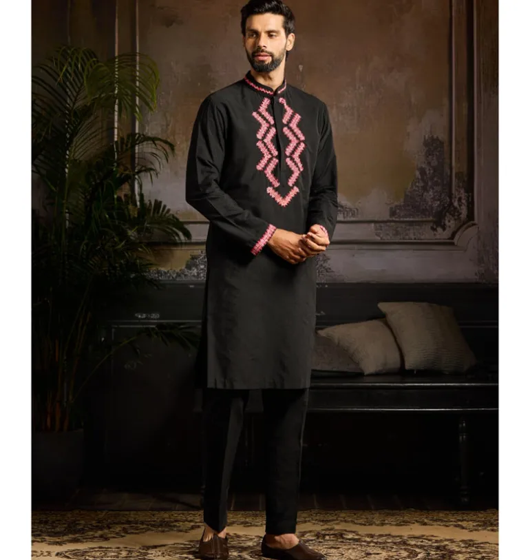 Black With Maroon Zig Zag Yoke Embroidered Kurta Paired With Black Pants