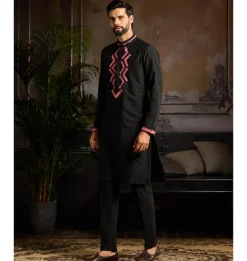 Black With Maroon Zig Zag Yoke Embroidered Kurta Paired With Black Pants
