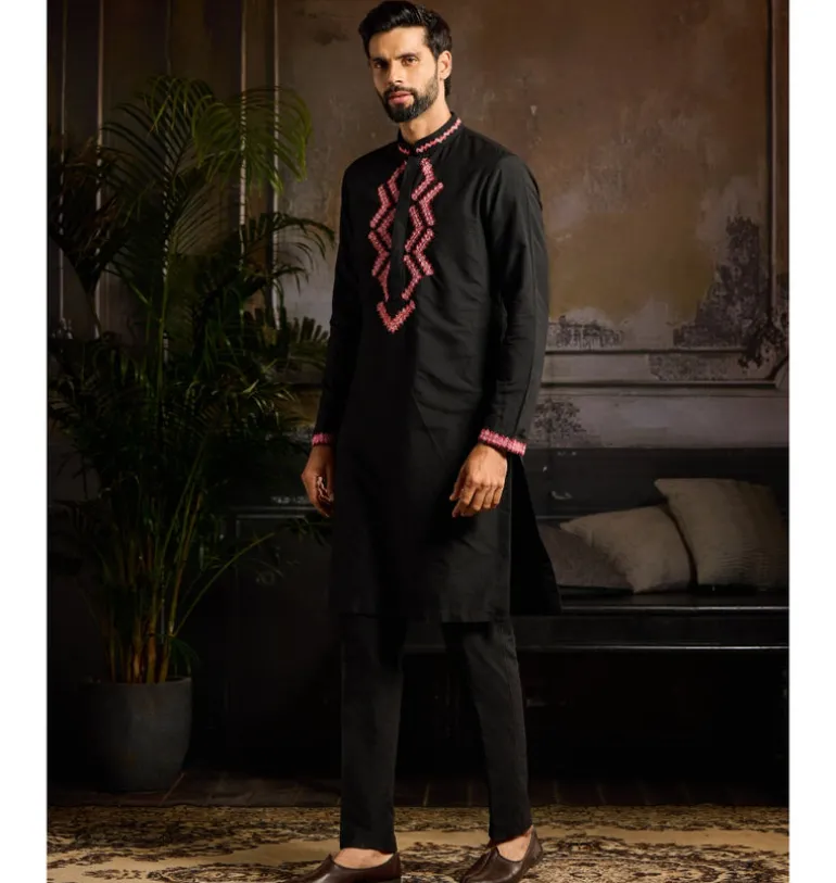 Black With Maroon Zig Zag Yoke Embroidered Kurta Paired With Black Pants