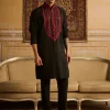 Black With Red Yoke Embroidered Kurta With Black Pants