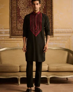Black With Red Yoke Embroidered Kurta With Black Pants