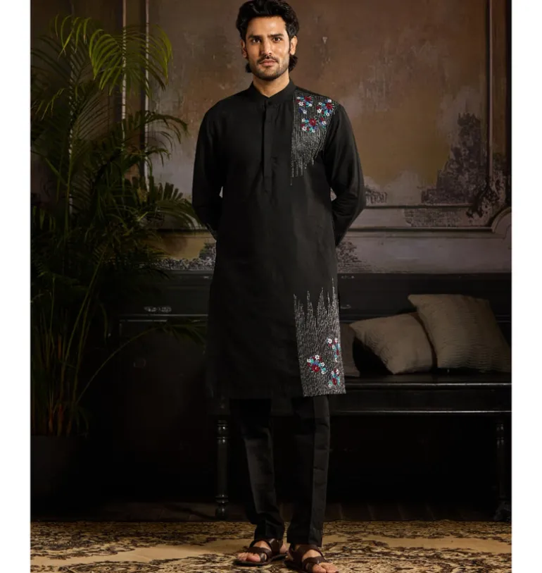 Black With Silver & Colorful Floral Motif Kurta Paired With Black Pants