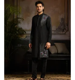 Black With Silver & Colorful Floral Motif Kurta Paired With Black Pants