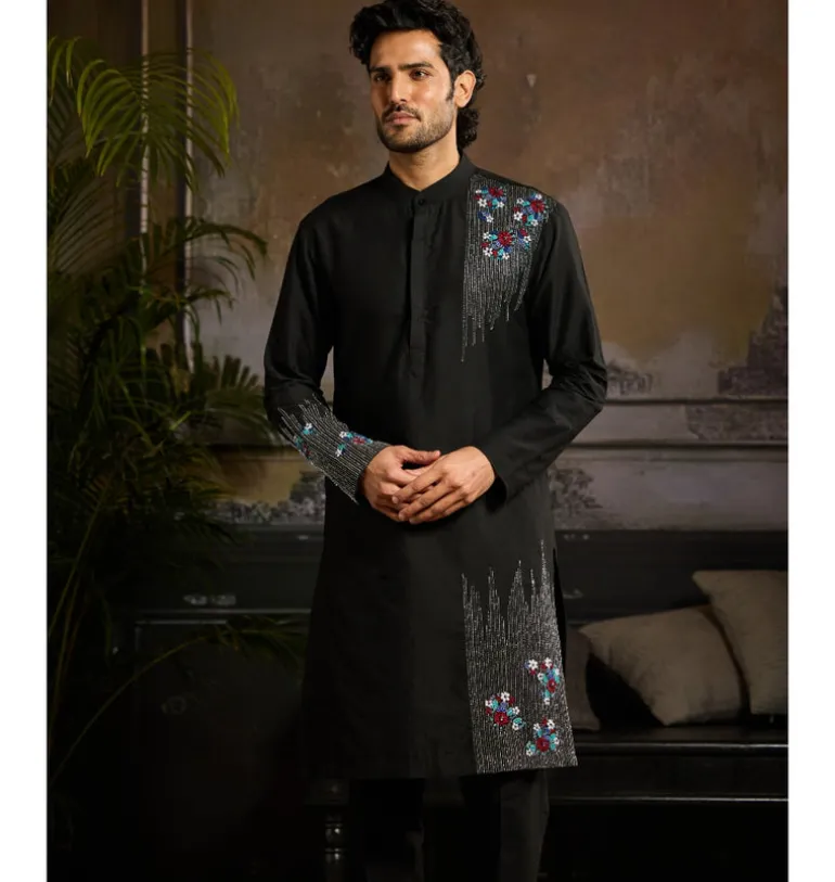 Black With Silver & Colorful Floral Motif Kurta Paired With Black Pants