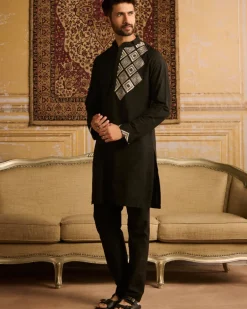Black With White Diamond Embroidered Kurta With Black Pants