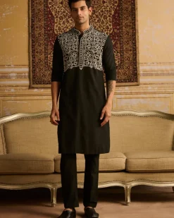 Black With White Thread & Beads Embroidered Kurta With Black Pants
