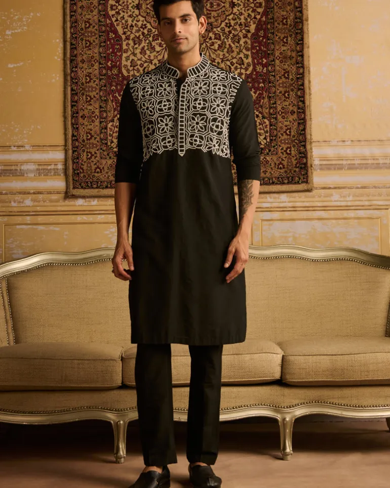 Black With White Thread & Beads Embroidered Kurta With Black Pants