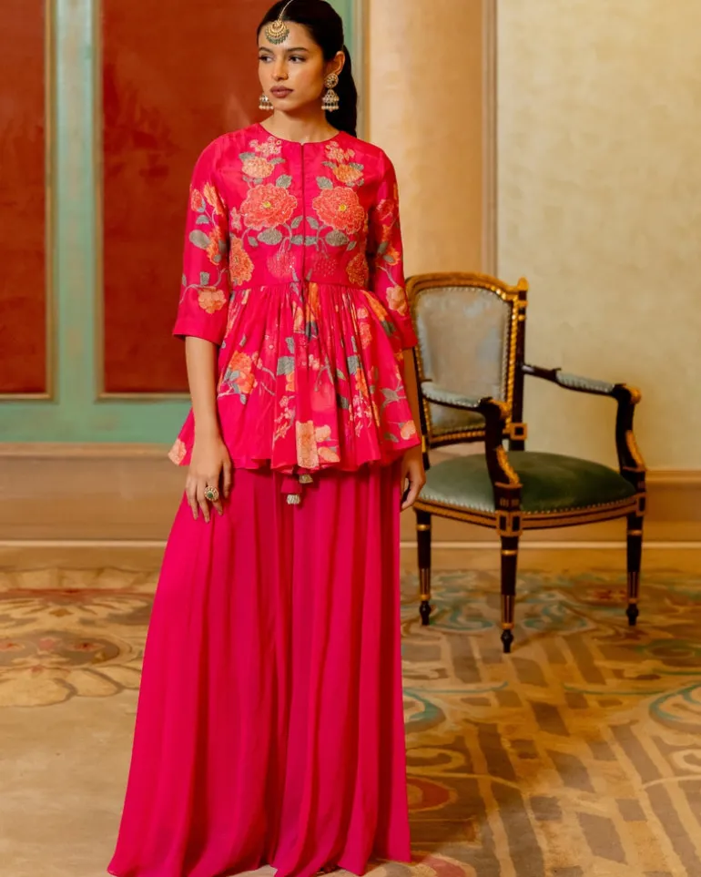 Blooming Pink Floral Printed Peplum Set