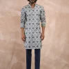 Blue & Charcoal Dice Front Open Edge Cut Kurta Set
