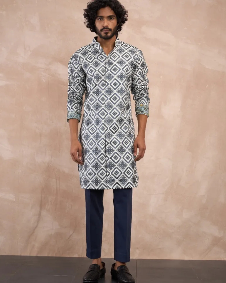 Blue & Charcoal Dice Front Open Edge Cut Kurta Set