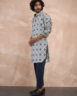 Blue & Charcoal Dice Front Open Edge Cut Kurta Set