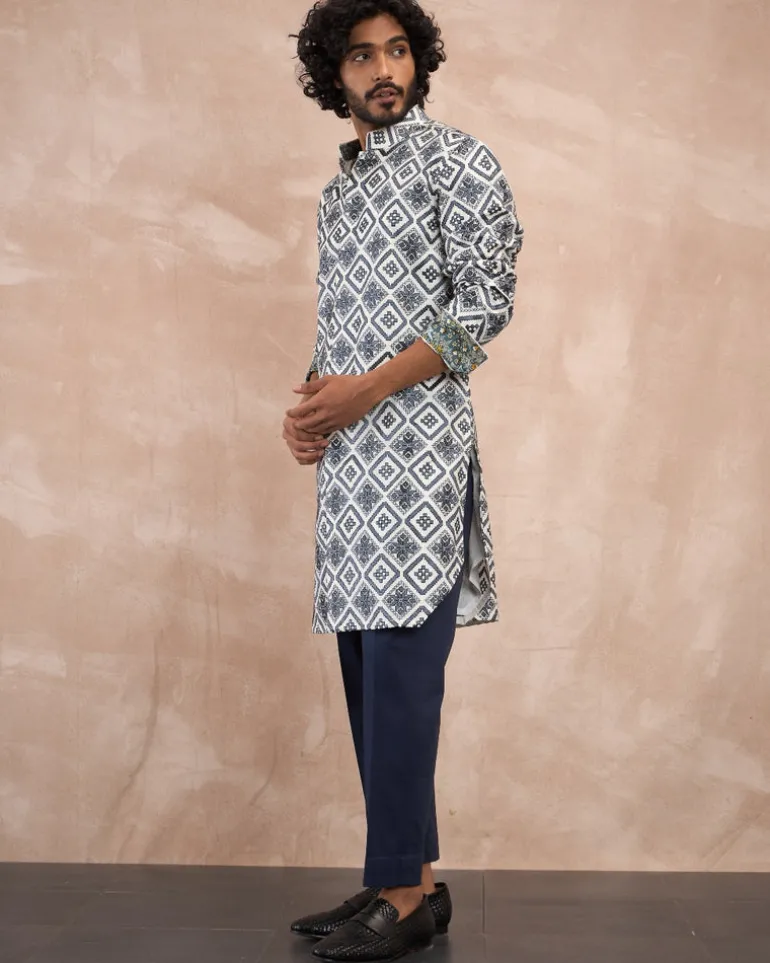 Blue & Charcoal Dice Front Open Edge Cut Kurta Set