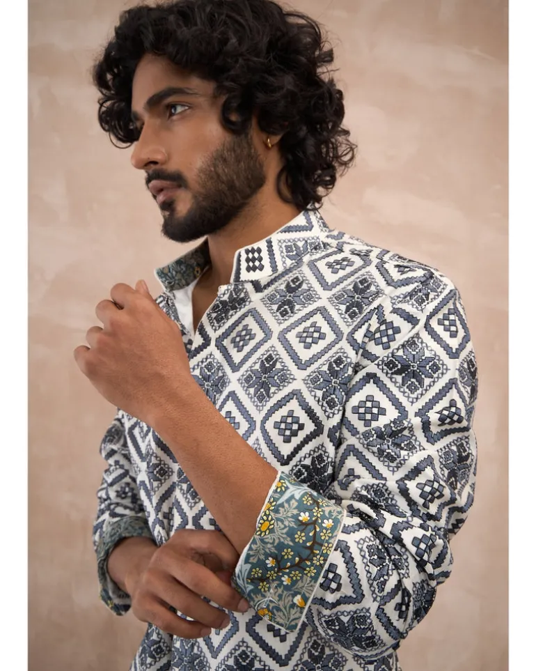 Blue & Charcoal Dice Front Open Edge Cut Kurta Set