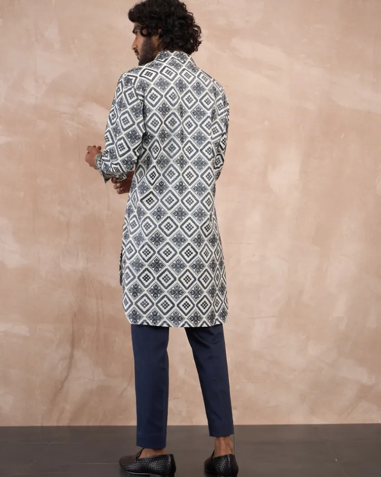 Blue & Charcoal Dice Front Open Edge Cut Kurta Set