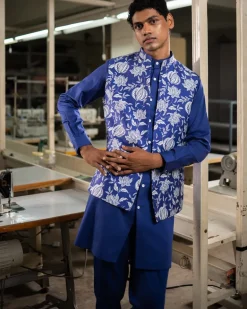 Blue Anaar Open Bandi With Matching Kurta Pajama Set
