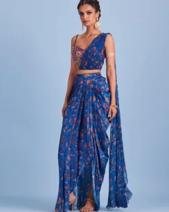 Blue Bale Printed Asymmetrical Skirt Set