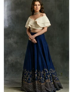 Blue Border Lehenga With Off Shoulder Wrap Crop Top