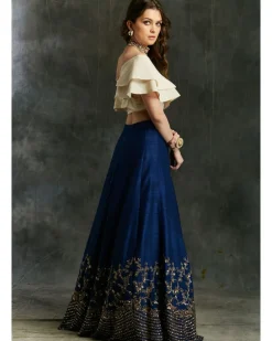 Blue Border Lehenga With Off Shoulder Wrap Crop Top