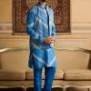 Blue Chevron Print & Embellished Kurta With Solid Blue Pants