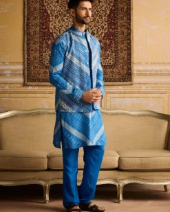 Blue Chevron Print & Embellished Kurta With Solid Blue Pants