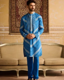 Blue Chevron Print & Embellished Kurta With Solid Blue Pants